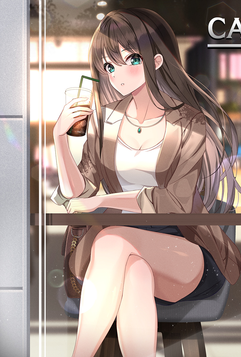 1girl aqua_eyes bangs black_shorts blush breasts brown_hair brown_jacket chair collarbone commentary_request crossed_legs cup disposable_cup drinking_straw eyebrows_visible_through_hair fingernails hand_on_table hand_up highres holding holding_cup iced_tea idolmaster idolmaster_cinderella_girls jacket jewelry legs long_hair long_sleeves looking_at_viewer medium_breasts open_clothes open_jacket pendant shibuya_rin shirt shorts sitting sleeves_pushed_up solo sutoroa table white_shirt