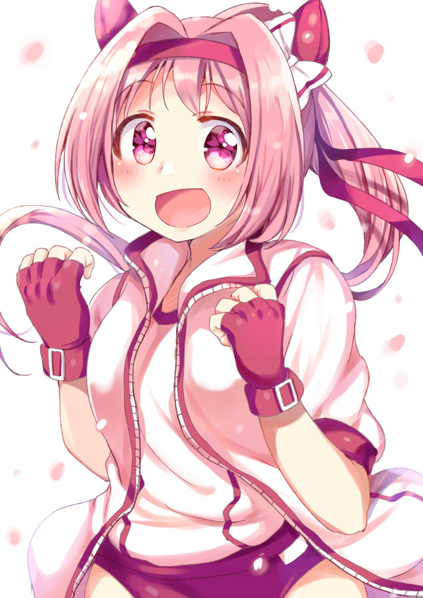 1girl :d animal_ears bangs blush buruma commentary ear_covers eyebrows_visible_through_hair falling_petals fingerless_gloves floating_hair flower-shaped_pupils gloves hairband hands_up happy haru_urara_(umamusume) horse_ears jacket long_hair looking_at_viewer open_clothes open_jacket open_mouth petals pink_hair ponytail purple_buruma red_gloves red_hairband shirt simple_background smile solo tatsunokosso umamusume violet_eyes white_background white_jacket white_shirt