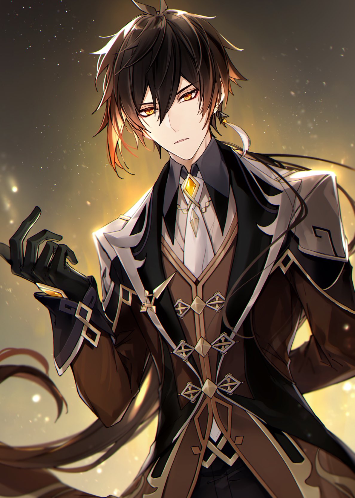1boy arm_behind_back bangs black_gloves black_pants brown_hair brown_jacket collared_shirt commentary_request earrings eyebrows_visible_through_hair genshin_impact gloves hair_between_eyes hand_up highres jacket jewelry long_hair long_sleeves looking_at_viewer low_ponytail male_focus mochizuki_shiina pants parted_lips ponytail shirt sleeves_past_wrists solo v-shaped_eyebrows very_long_hair white_shirt yellow_eyes zhongli_(genshin_impact)