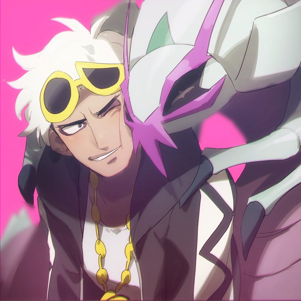 1boy black_jacket blurry cheek_squash commentary_request eyelashes eyeshadow eyewear_on_head gen_7_pokemon golisopod grey_eyes guzma_(pokemon) jacket jewelry makeup male_focus necklace no-kan parted_lips pokemon pokemon_(game) pokemon_sm purple_eyeshadow shirt smile sunglasses team_skull white_hair white_shirt yellow-framed_eyewear