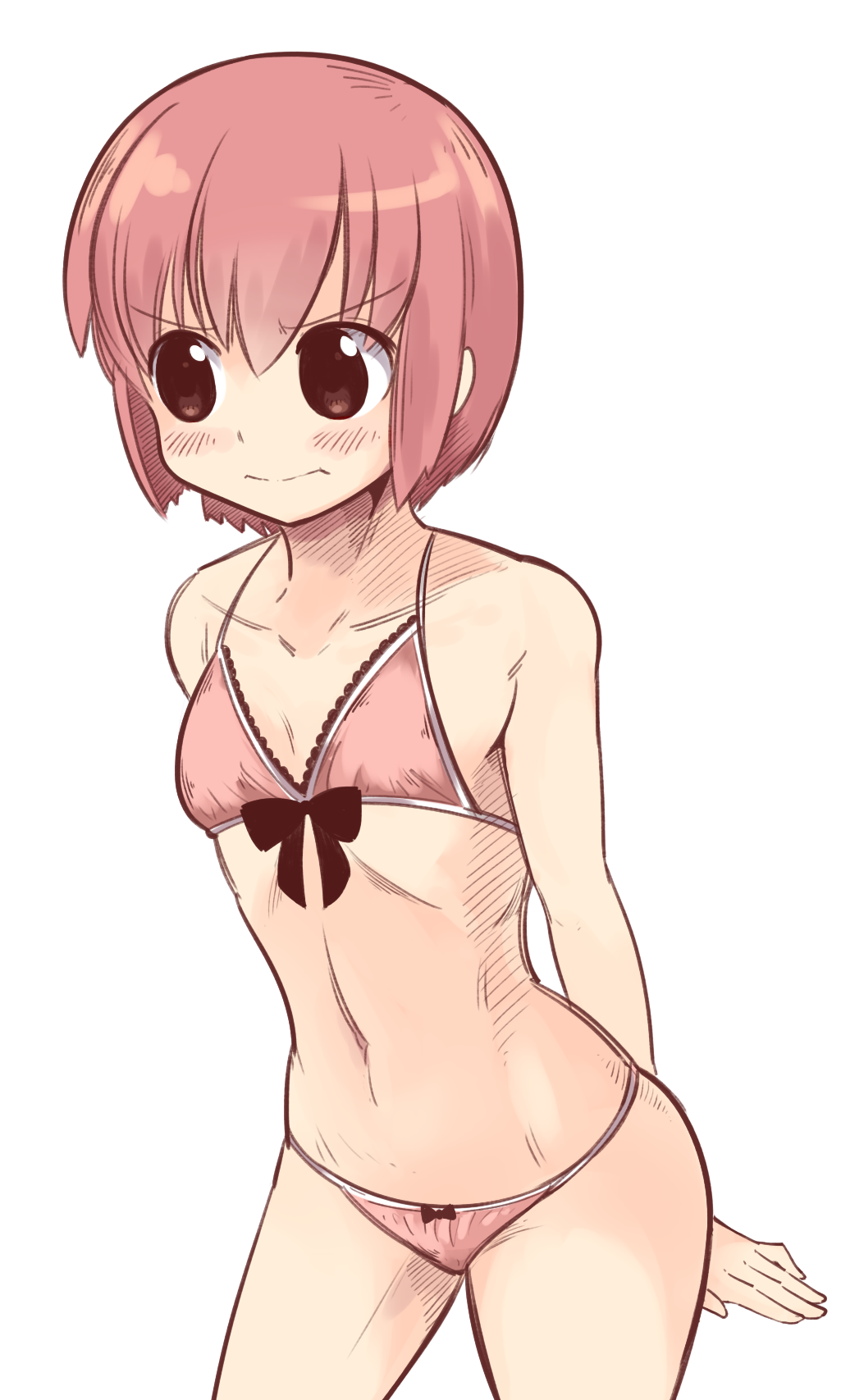 1girl bikini blush boa_(brianoa) closed_mouth colorized flat_chest highres nichijou pink_hair short_hair simple_background solo swimsuit tachibana_misato transparent_background