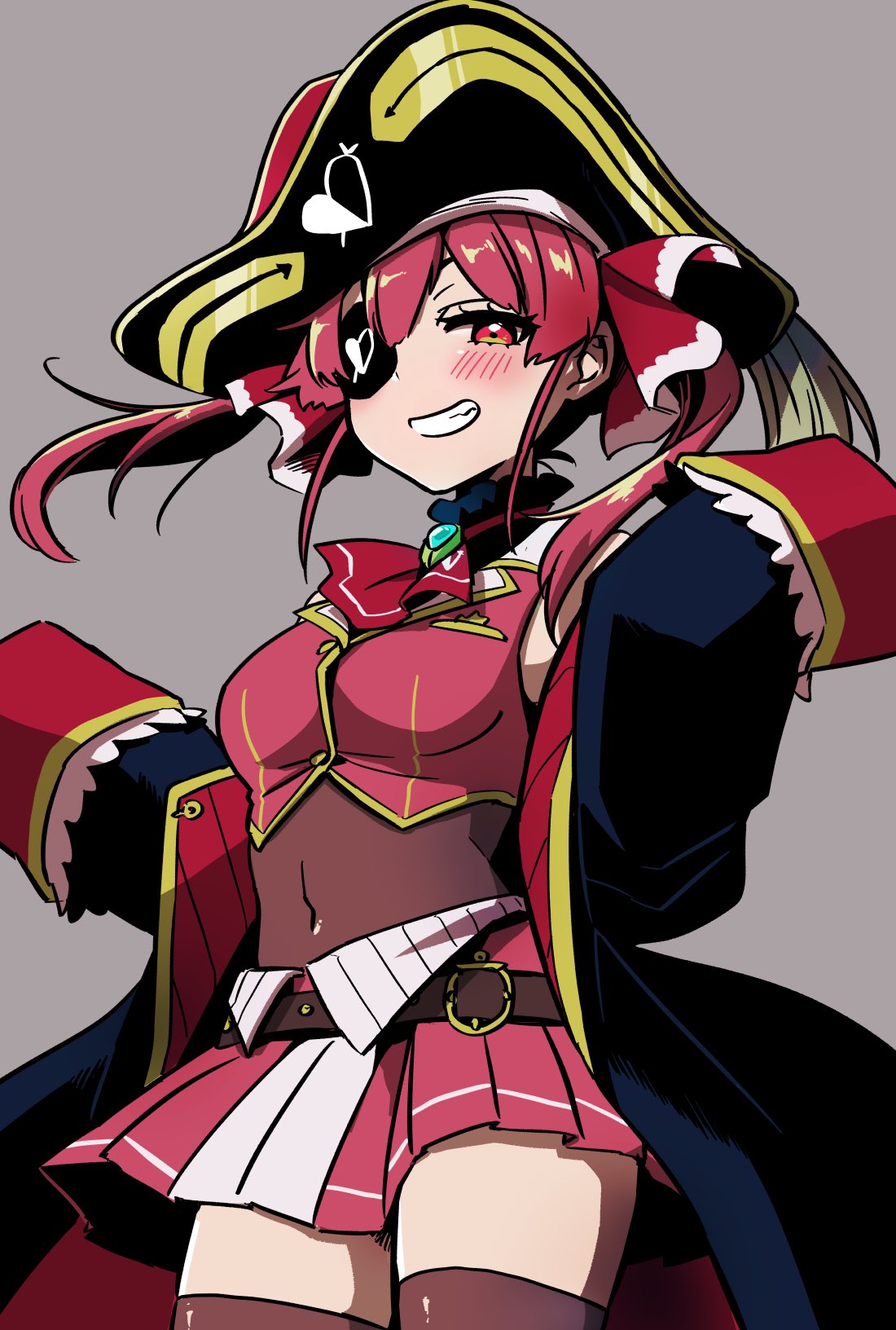 1girl bangs belt blush breasts coat covered_navel eyepatch grin hair_ribbon hat highres hololive houshou_marine long_hair long_sleeves off_shoulder pirate_hat pleated_skirt red_eyes red_neckwear red_skirt redhead ribbon sidelocks simple_background skirt sleeves_past_fingers sleeves_past_wrists smile solo thigh-highs tsumumi_(kandume103) virtual_youtuber