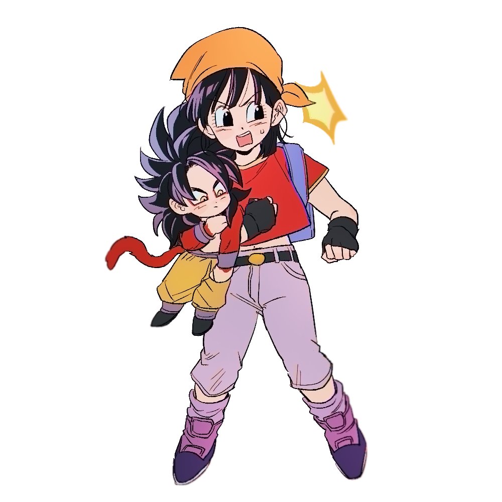 1boy 1girl ankle_boots annoyed arms_at_sides bandana belt black_belt black_eyes black_gloves black_hair boots chibi chibi_inset crop_top denim dot_nose dragon_ball dragon_ball_gt eyelashes facing_viewer fingerless_gloves flat_chest full_body gloves grandfather_and_granddaughter grey_legwear haha_(haha_db) jeans looking_to_the_side medium_hair monkey_tail orange_headwear pan_(dragon_ball) pants purple_footwear shiny shiny_hair simple_background socks son_goku spiky_hair super_saiyan super_saiyan_4 sweatdrop tail teeth upper_teeth v-shaped_eyebrows white_background yellow_eyes