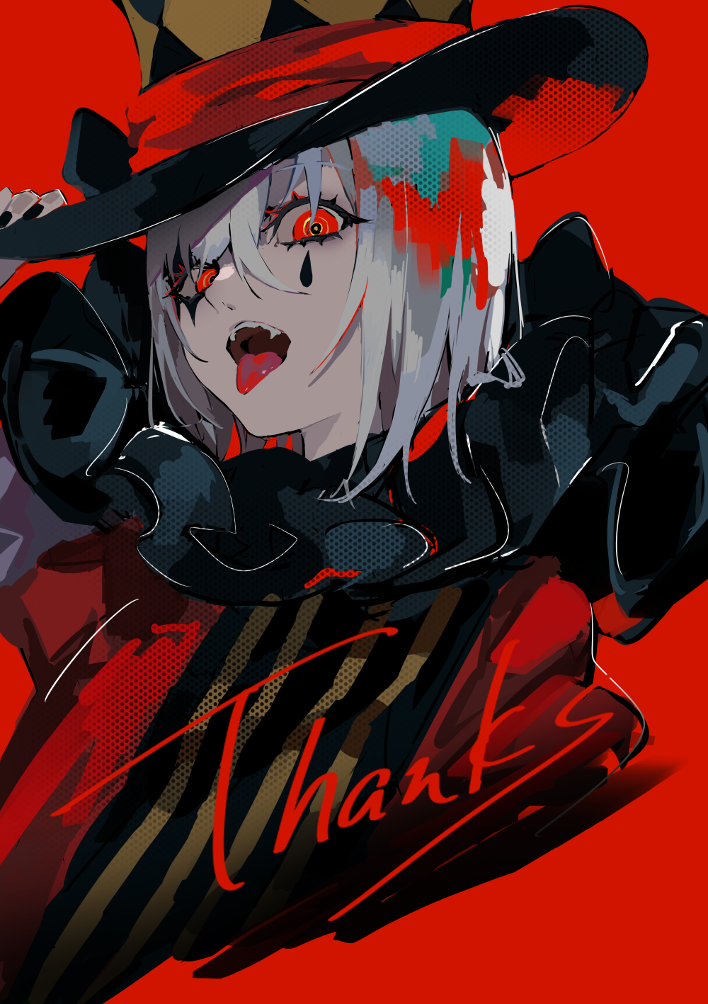 1girl bangs black_nails clown english_text envy_baby_(vocaloid) fingernails hand_on_headwear hat highres looking_at_viewer nail_polish neck_ruff ram_(ramlabo) red_background red_eyes red_theme solo thank_you tongue tongue_out top_hat vocaloid white_hair