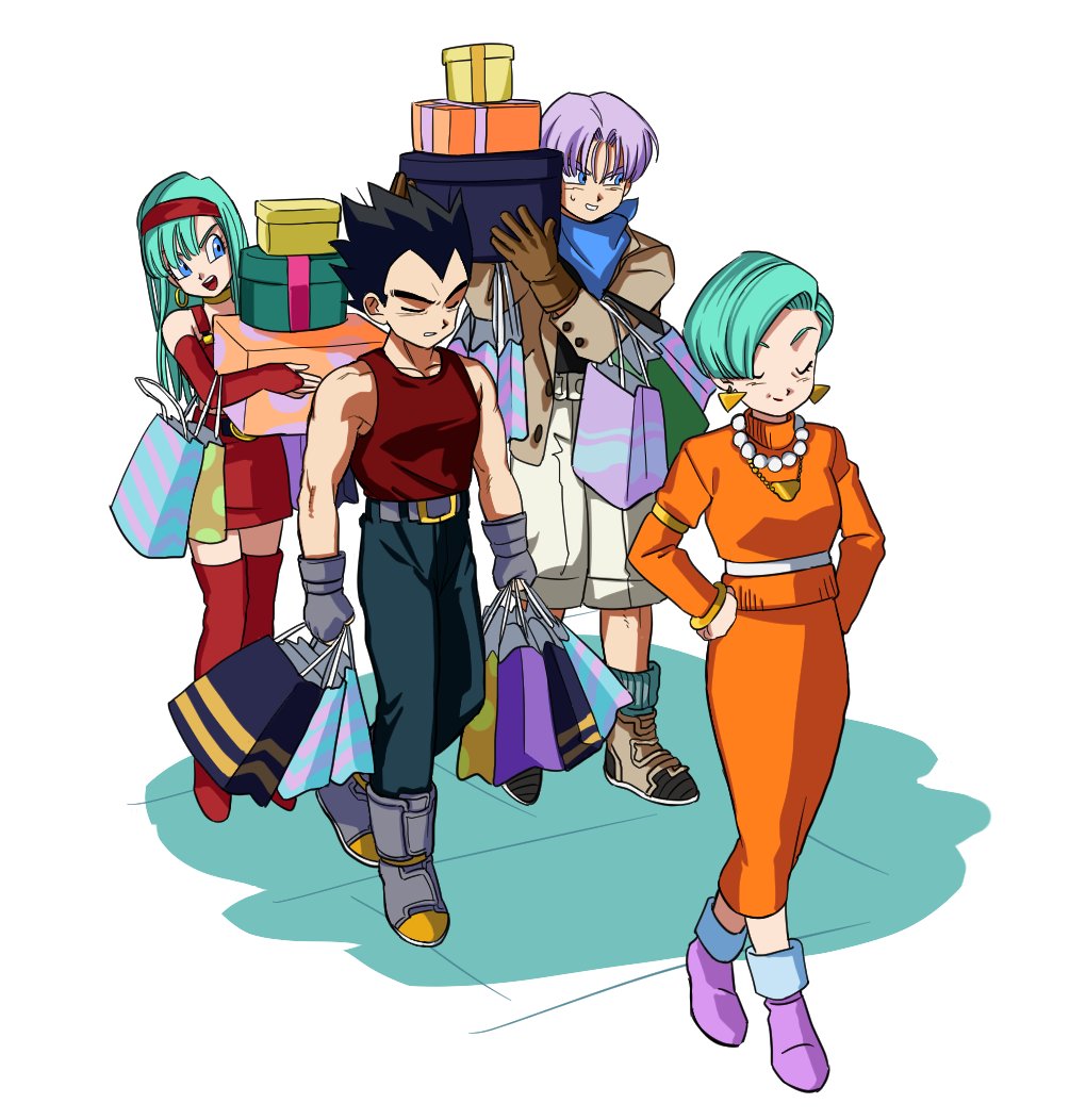 2boys 2girls ankle_boots aqua_hair arms_at_sides bag belt black_hair blue_eyes blue_neckwear boots box bra_(dragon_ball) bracelet brother_and_sister brown_footwear brown_gloves bulma cargo_shorts carrying_over_shoulder closed_eyes closed_mouth collarbone dragon_ball dragon_ball_gt earrings elbow_gloves family father_and_daughter father_and_son fingerless_gloves frown full_body gloves grey_footwear grey_gloves hairband hands_on_hips holding holding_box jacket jewelry lado_(rado) leaning_to_the_side light_smile long_hair long_skirt looking_to_the_side mother_and_daughter mother_and_son multiple_boys multiple_girls neckerchief necklace orange_skirt pants pearl_necklace purple_footwear purple_hair red_footwear red_gloves red_hairband red_skirt shoes shopping_bag short_hair shorts siblings simple_background skirt socks spiky_hair standing tank_top thigh-highs thigh_boots triangle_earrings trunks_(dragon_ball) turtleneck vegeta very_short_hair walking white_background wrinkles zettai_ryouiki