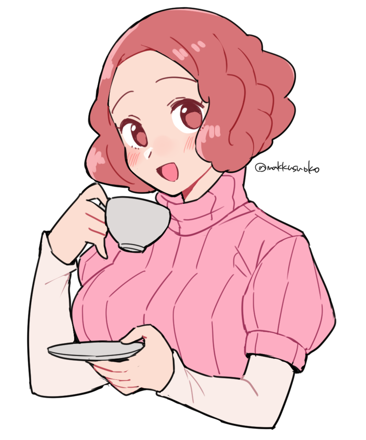 1girl :d blush brown_eyes brown_hair cup do_m_kaeru long_sleeves okumura_haru open_mouth persona persona_5 pink_sweater ribbed_sweater saucer short_hair short_over_long_sleeves short_sleeves smile solo sweater teacup twitter_username upper_body white_background