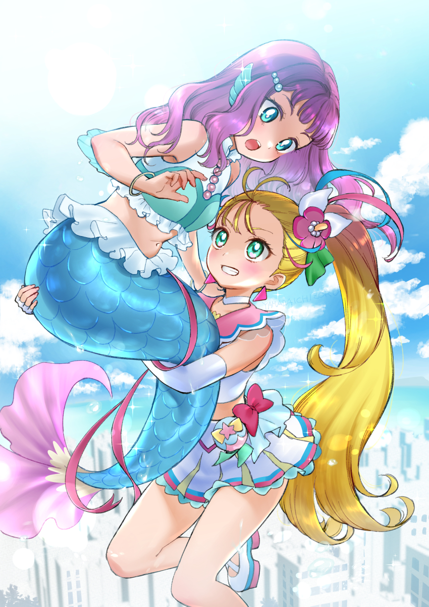 2girls ahoge bangs bare_shoulders blonde_hair blue_hair blue_sky blunt_bangs blush bracelet breasts carrying choker city_below clouds commentary_request crop_top cure_summer day earrings elbow_gloves fingerless_gloves floating flower fukurokouji full_body gloves green_eyes grin hair_flower hair_ornament hair_strand head_fins heart heart_in_eye highres jewelry laura_(precure) long_hair looking_at_another magical_girl mermaid midriff monster_girl multicolored_hair multiple_girls natsuumi_manatsu navel necklace open_mouth outdoors pearl_hair_ornament pearl_necklace pink_hair pink_sailor_collar precure purple_hair sailor_collar shirt side_ponytail sidelocks skirt sky sleeveless sleeveless_shirt small_breasts smile sparkle split_tail symbol_in_eye triangle_earrings tropical-rouge!_precure upper_teeth very_long_hair white_background white_choker white_footwear white_gloves white_skirt