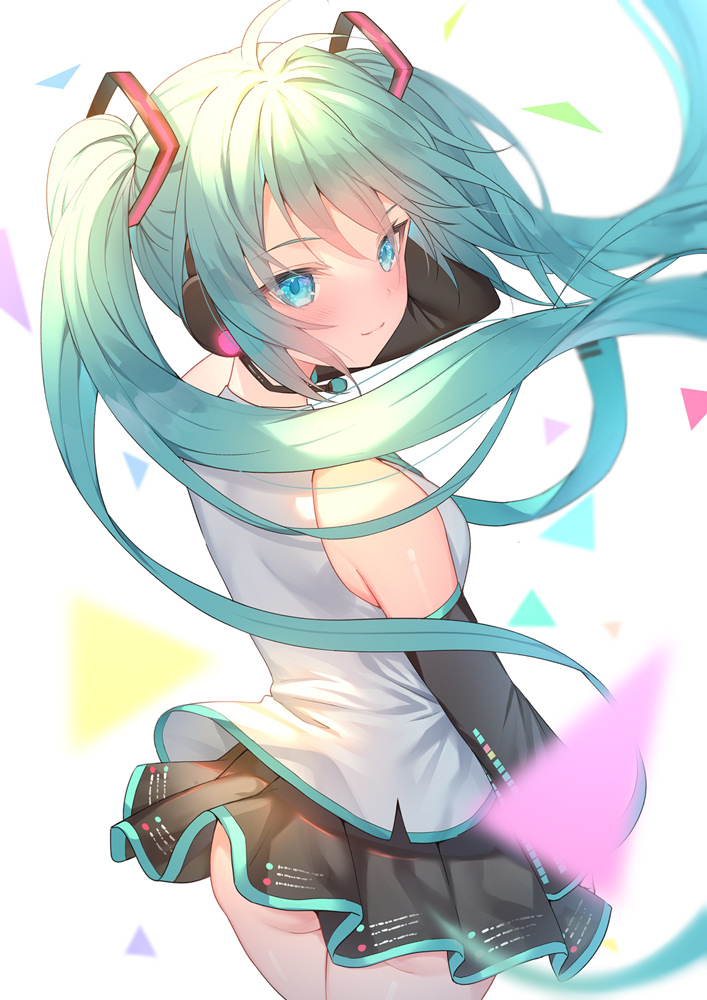 1girl alexmaster aqua_hair ass black_skirt blue_eyes blush closed_mouth commentary_request detached_sleeves from_behind hatsune_miku headphones headset long_hair looking_at_viewer skirt smile solo twintails vocaloid