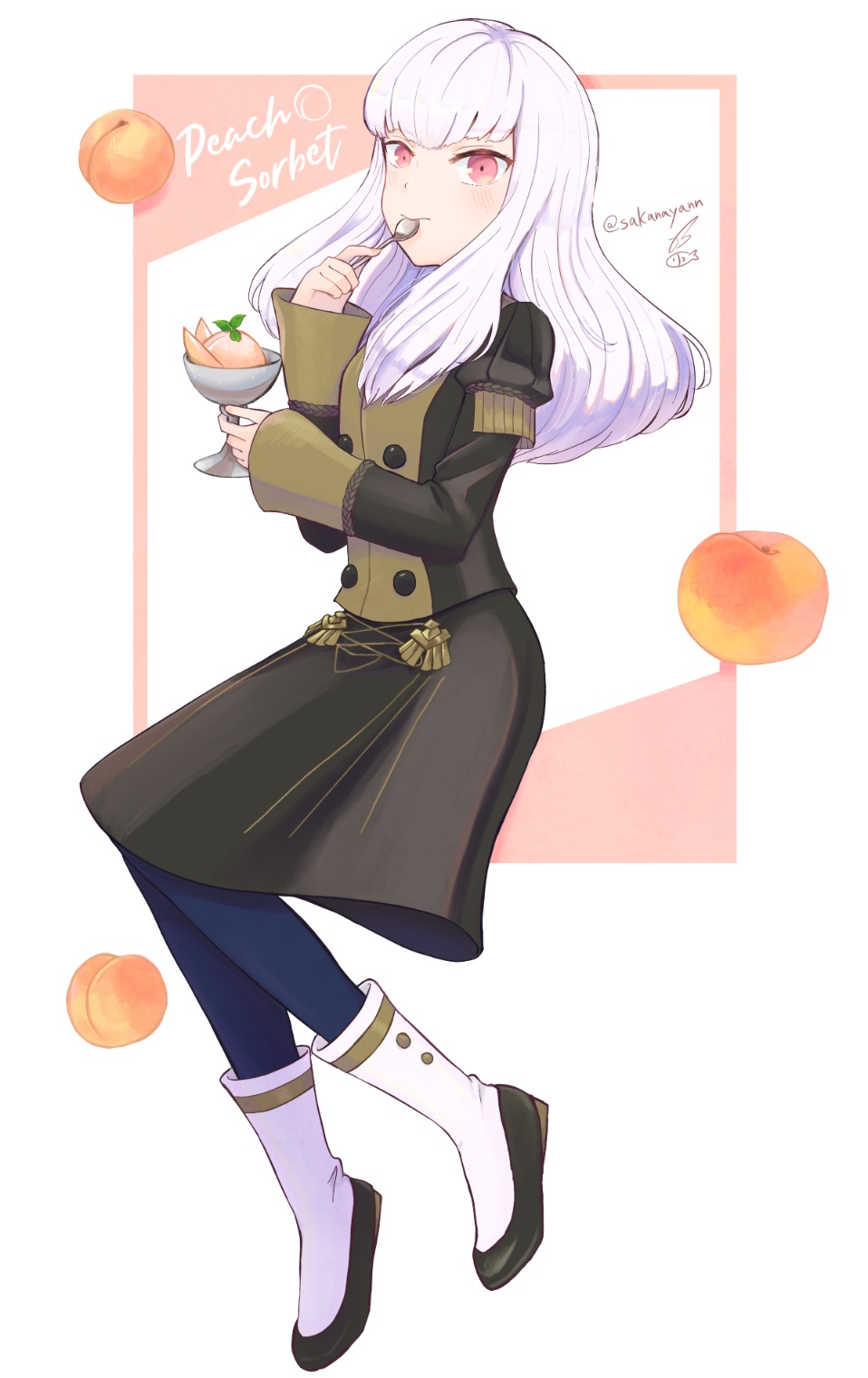 1girl artist_name ayan_(pixiv46456904) bangs black_jacket black_skirt blue_legwear boots commentary_request cup fire_emblem fire_emblem:_three_houses food fruit full_body garreg_mach_monastery_uniform hand_up highres holding holding_cup holding_spoon ice_cream jacket juliet_sleeves long_hair long_sleeves looking_at_viewer lysithea_von_ordelia pantyhose peach pink_eyes puffy_sleeves silver_hair skirt skirt_set solo spoon twitter_username white_background white_footwear