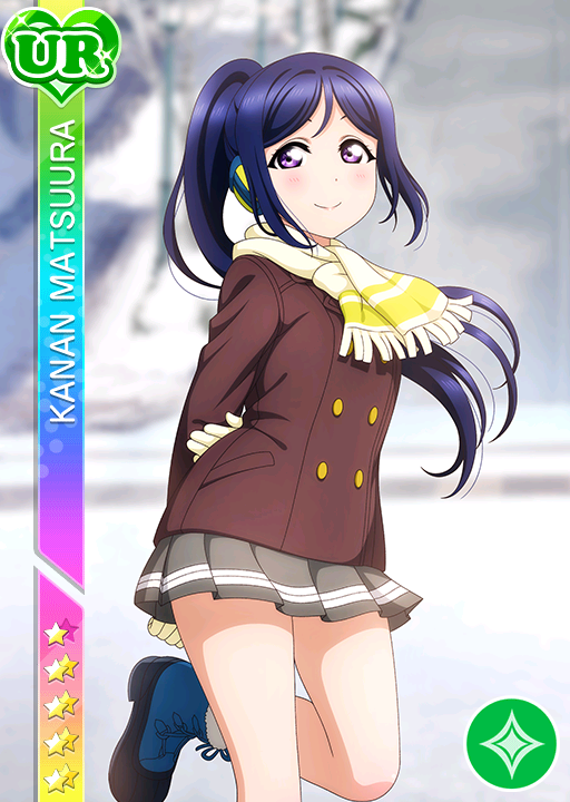 blue_hair character_name jacket long_hair love_live!_school_idol_festival love_live!_sunshine!! matsuura_kanan ponytail scarf smile violet_eyes