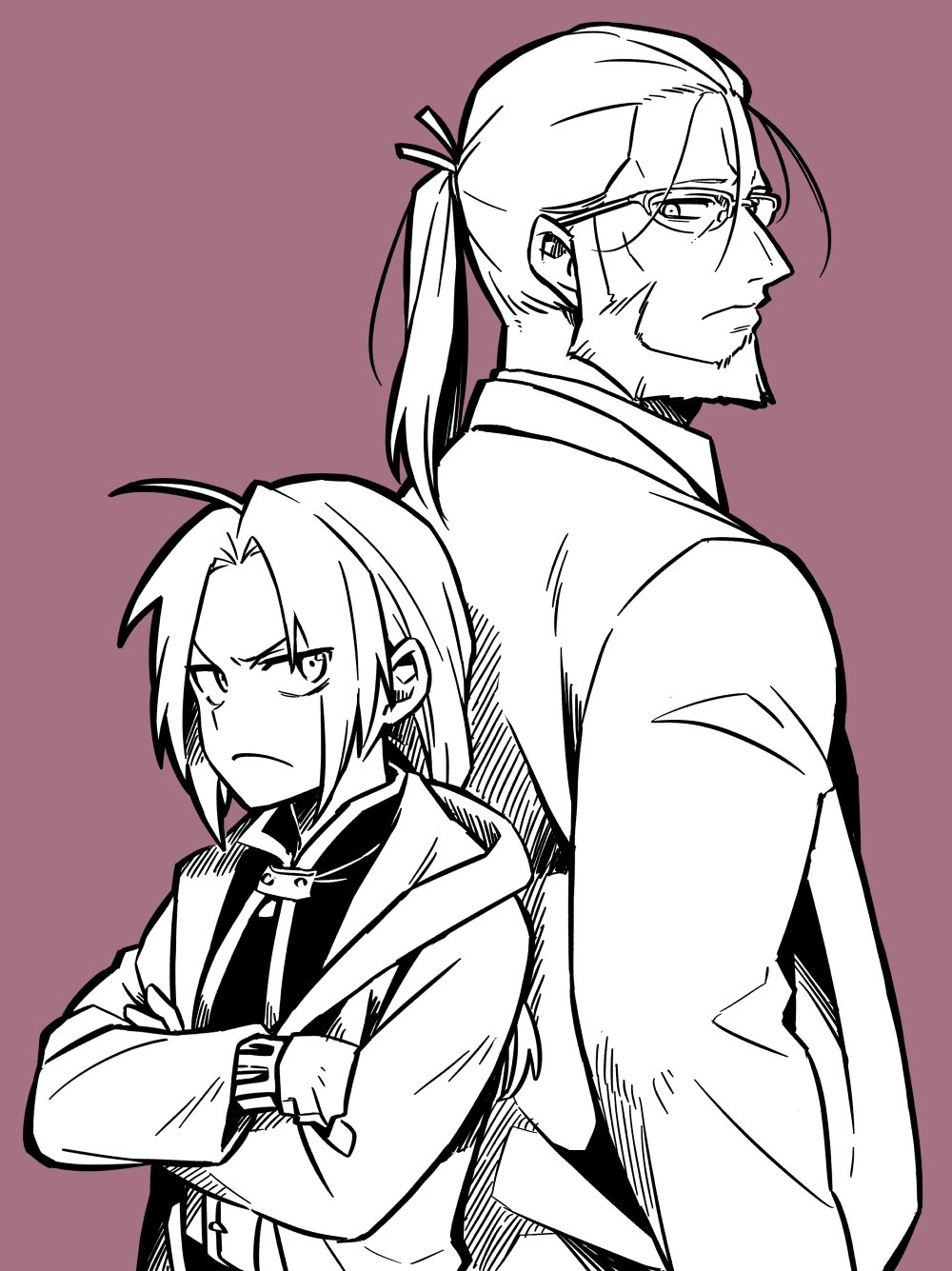 2boys ahoge back-to-back beard closed_mouth crossed_arms edward_elric facial_hair fullmetal_alchemist glasses greyscale highres jacket long_hair long_sleeves male_focus monochrome multiple_boys ponytail purple_background simple_background tsumumi_(kandume103) van_hohenheim