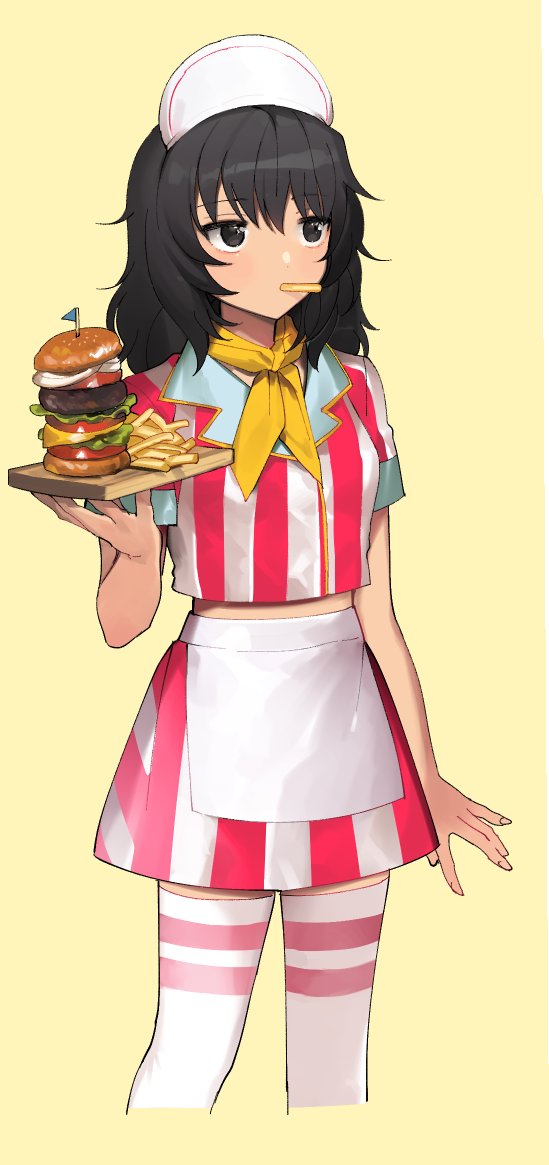 1girl alternate_costume andou_(girls_und_panzer) black_hair blush commentary eyebrows_visible_through_hair food food_in_mouth french_fries girls_und_panzer grey_eyes hamburger holding holding_tray messy_hair neckerchief shirt simple_background skirt striped striped_shirt striped_skirt tan3charge thigh-highs tray waitress zettai_ryouiki