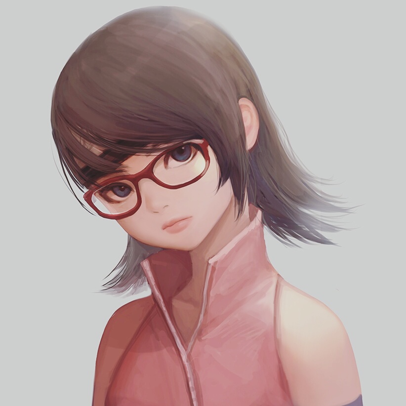 1girl bare_shoulders black_hair blue_eyes boruto:_naruto_next_generations commentary detached_sleeves english_commentary gd_choco glasses grey_background headband jacket looking_at_viewer medium_hair naruto_(series) red-framed_eyewear red_jacket serious simple_background solo standing uchiha_sarada