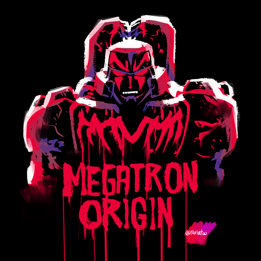 1boy angry black_background blood blood_drip blood_on_face clenched_teeth decepticon dripping english_text limited_palette male_focus markings mecha megatron megatron_(idw) rariatto_(ganguri) splatter teeth the_transformers_(idw) title transformers twitter_username