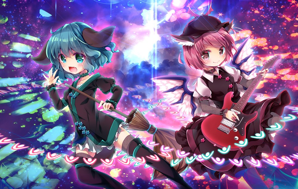 2girls :d animal_ears bangs bird_ears bird_wings black_blouse black_dress black_headwear black_legwear blouse broom choker choujuu_gigaku closed_mouth dog_ears dress electric_guitar enjoy_mix green_eyes green_hair guitar hat holding holding_broom holding_instrument instrument juliet_sleeves kasodani_kyouko long_sleeves looking_at_viewer mob_cap multiple_girls music mystia_lorelei open_mouth pink_eyes pink_hair playing_instrument puffy_sleeves short_hair skirt smile starry_background thigh-highs touhou white_skirt white_wings winged_hat wings