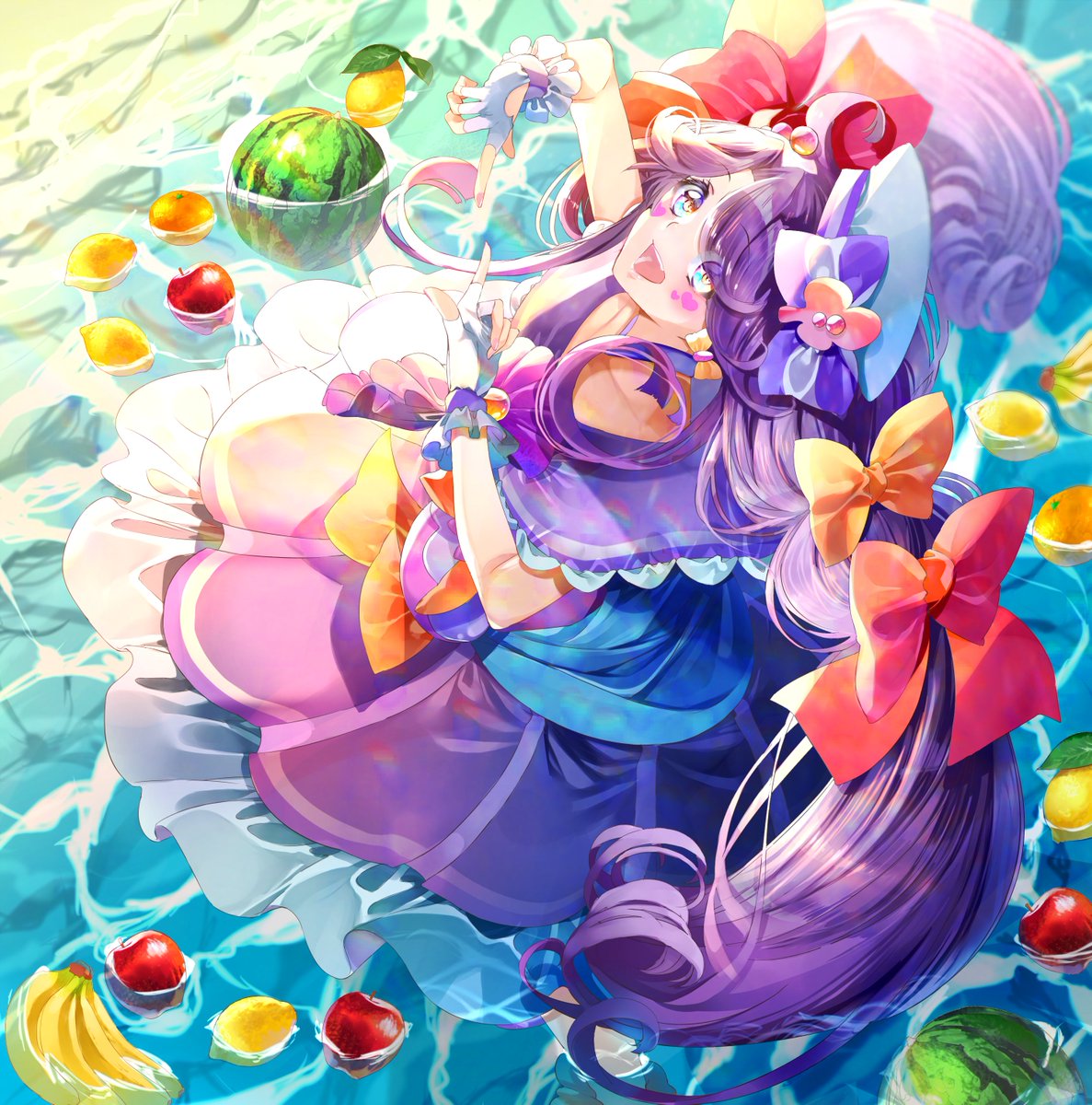 1girl :d apple banana beach blurry blush bow bow_earrings capelet commentary cure_coral depth_of_field dress earrings fingerless_gloves food frills from_above fruit gloves hair_bow hat heart_facial_mark highres in_water jewelry lemon long_hair looking_at_viewer looking_up magical_girl multiple_hair_bows open_mouth orange partially_submerged pink_bow precure purple_dress purple_hair round_teeth sailor_hat shore sitting smile solo suzumura_sango teeth tropical-rouge!_precure very_long_hair water watermelon white_gloves yellow_bow yuutarou_(fukiiincho)