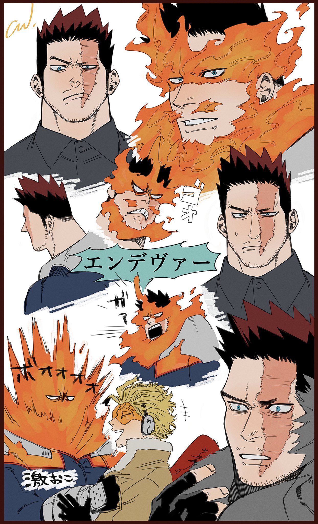 2boys angry armor beard blonde_hair blue_bodysuit blue_eyes bodysuit boku_no_hero_academia collage collar_grab expressions facial_hair feathered_wings fingerless_gloves fire gloves grey_shirt hawks_(boku_no_hero_academia) highres jo_tuesday19 large_pectorals male_focus mature_male multiple_boys multiple_views muscular muscular_male pauldrons pout red_wings redhead scar scar_across_eye shirt short_hair shoulder_armor sideburns smile spiky_hair stubble todoroki_enji translation_request wings
