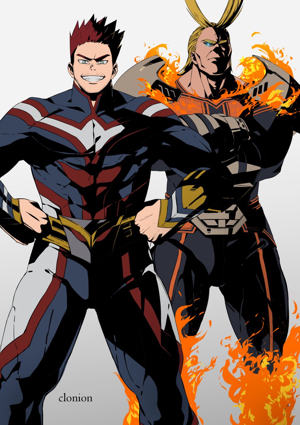 2boys all_might armor beard blue_eyes boku_no_hero_academia bulge clonion cosplay costume_switch covered_abs crossed_arms facial_hair feet_out_of_frame fire glowing glowing_eye grin highres male_focus mature_male multiple_boys muscular muscular_male pauldrons pectorals personality_switch redhead short_hair shoulder_armor sideburns smile spiky_hair stubble thick_thighs thighs todoroki_enji