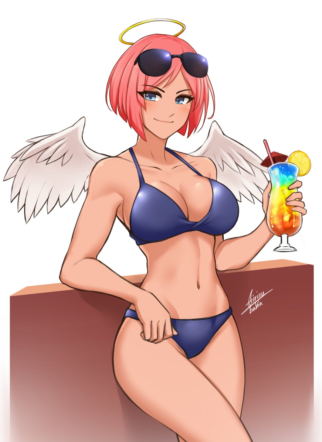 1girl airisubaka angel angel_wings artist_name bare_shoulders belly bikini blue_eyes breasts cleavage collarbone eyebrows eyebrows_visible_through_hair eyelashes eyewear_on_head halo highres hips holding large_breasts leaning_on_rail looking_at_viewer navel original pink_hair short_hair simple_background smile solo standing sunglasses swimsuit thick_thighs thighs watermark white_background wide_hips wings