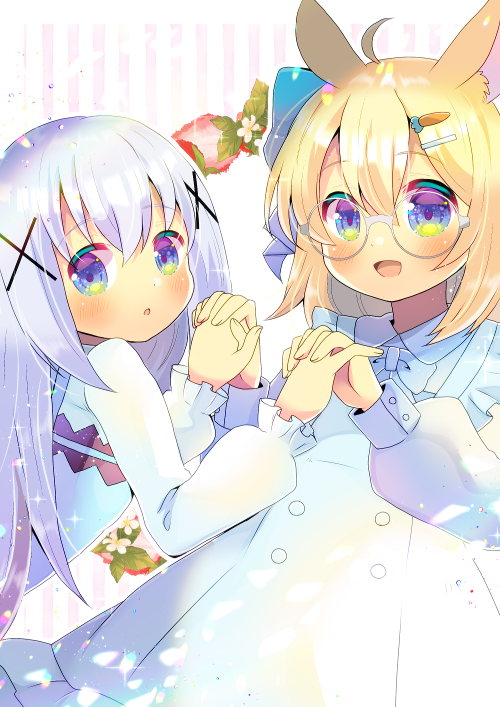 2girls :d :o ahoge animal_ear_fluff animal_ears bangs blonde_hair blue_dress blue_eyes blue_hair blue_vest blush carrot_hair_ornament dress eyebrows_visible_through_hair flower food food_themed_hair_ornament frilled_dress frills fruit glasses gochuumon_wa_usagi_desu_ka? hair_between_eyes hair_ornament hairclip holding_hands interlocked_fingers kafuu_chino kouu_hiyoyo long_hair long_sleeves looking_at_viewer multiple_girls open_mouth original parted_lips puffy_long_sleeves puffy_sleeves rabbit_house_uniform round_eyewear shirt smile strawberry striped striped_background uniform vertical_stripes very_long_hair vest waitress white_background white_flower white_shirt x_hair_ornament