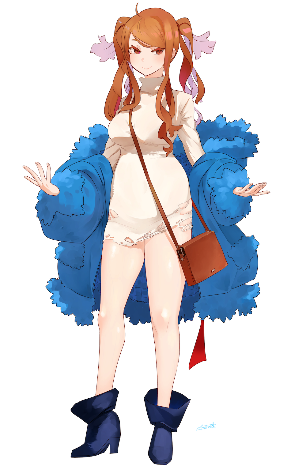 1girl ahoge ankle_boots bag between_breasts blue_coat blue_footwear boots breasts brown_eyes brown_hair closed_mouth coat commission contrapposto dress full_body high_heel_boots high_heels highres large_breasts looking_at_viewer off_shoulder open_clothes open_coat original quad_tails ryusei_hashida short_dress shoulder_bag sidelocks signature simple_background smile solo standing strap_between_breasts sweater sweater_dress torn_clothes torn_dress torn_sweater twintails white_background white_dress white_sweater