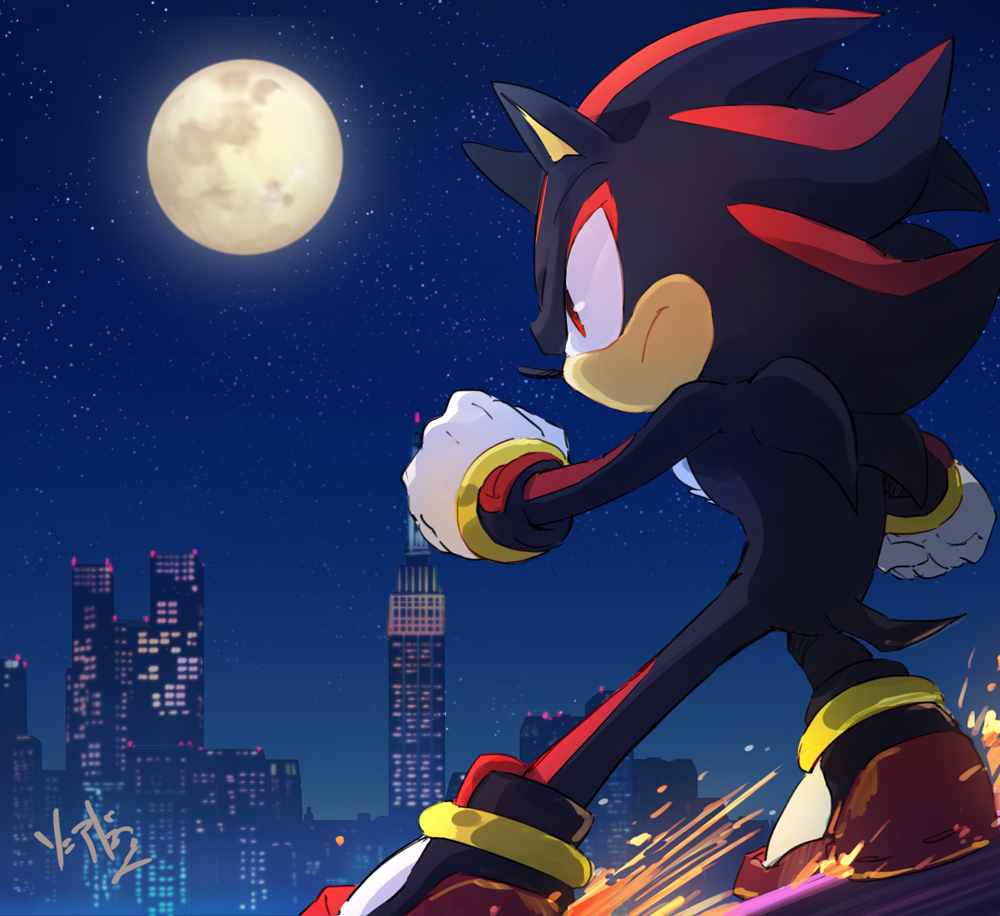 1boy animal_nose city clenched_hands closed_mouth from_side full_moon furry gloves male_focus moon msg01 night night_sky rail_silding red_eyes serious shadow_the_hedgehog sky solo sonic_(series) sonic_adventure_2 sparks star_(sky) starry_sky urban white_gloves