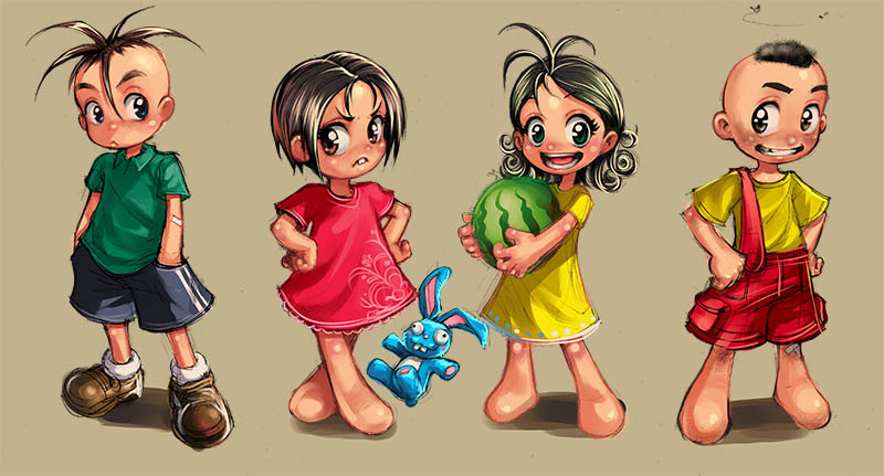 2boys 2girls :d barefoot black_hair brown_background cascao_(turma_da_monica) cebolinha_(turma_da_monica) closed_mouth commentary_request diogo_saito dress eyelashes food frown fruit full_body furrowed_eyebrows green_eyes grin hands_in_pockets hands_on_hips happy holding holding_food holding_fruit looking_at_viewer magali_(turma_da_monica) monica_(turma_da_monica) multiple_boys multiple_girls open_mouth portuguese_commentary red_dress sansao_(turma_da_monica) shoes short_hair shorts simple_background smile stuffed_animal stuffed_bunny stuffed_toy turma_da_monica watermelon yellow_dress