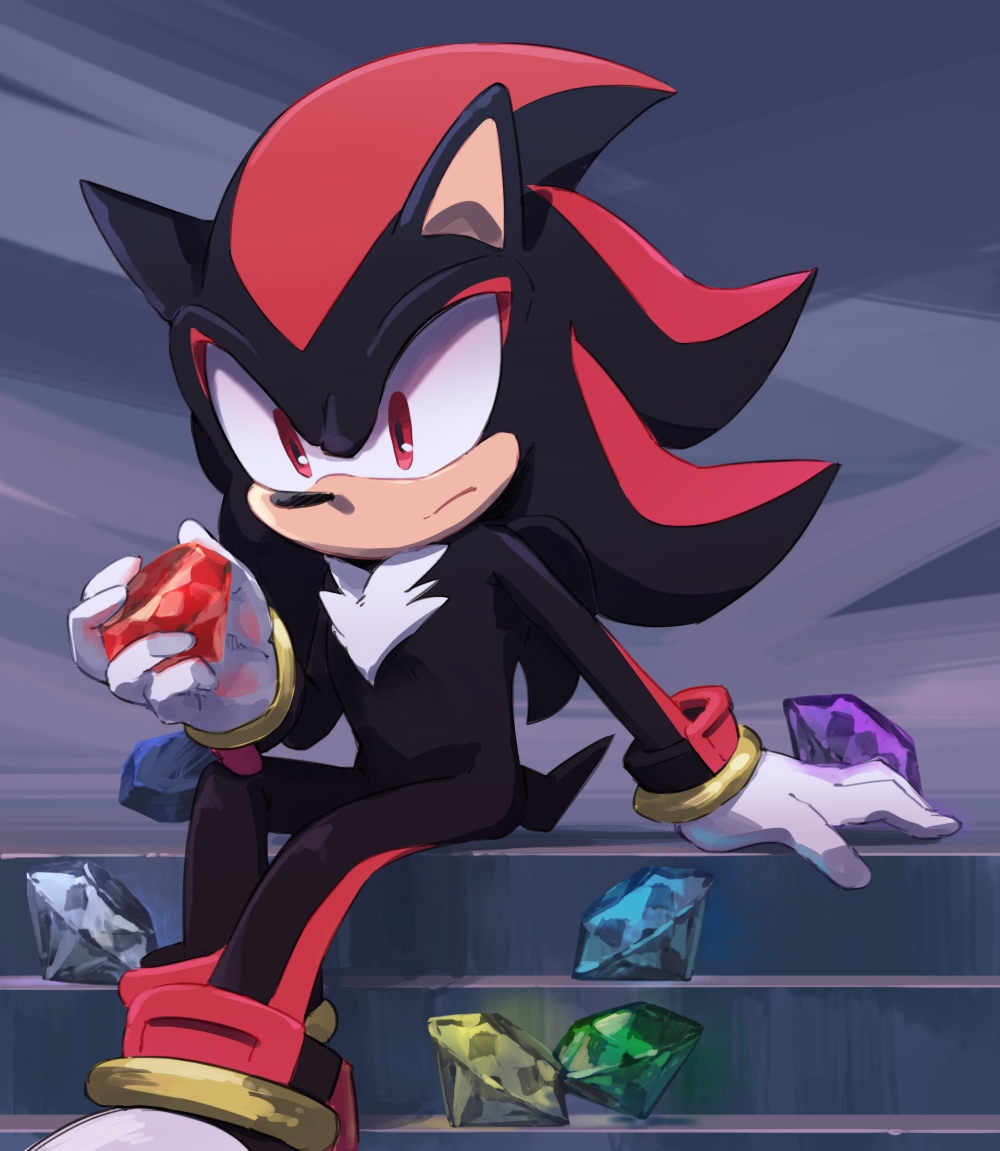1boy arm_support chaos_emerald closed_mouth furry gem gloves holding holding_gemstone jewelry male_focus msg01 red_eyes ring shadow_the_hedgehog sitting solo sonic_(series) white_gloves