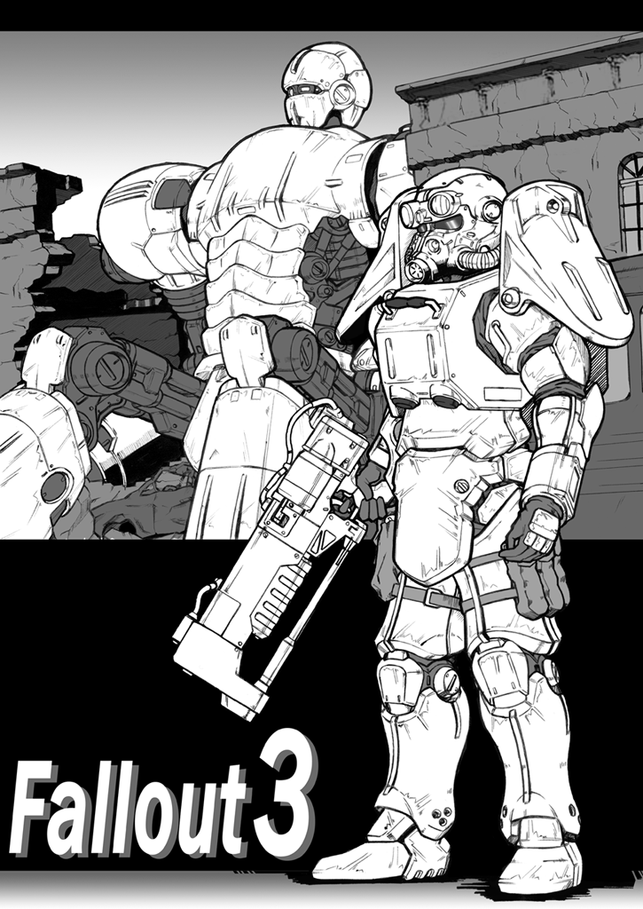 ambiguous_gender arm_armor armor armored_boots boots building commentary_request copyright_name energy_gun energy_weapon fallout_(series) fallout_3 full_armor full_body greyscale gun helmet holding holding_gun holding_weapon knee_pads laser_rifle liberty_prime mecha monochrome outdoors power_armor rifle shoulder_armor standing takimoyo_(soushokujuu) weapon window