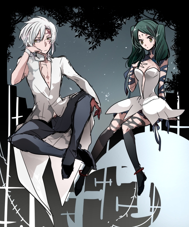 2girls allen_walker bangs black_legwear black_pants black_ribbon brown_eyes cosplay d.gray-man dress green_hair grey_background lenalee_lee long_hair multiple_girls pants ribbon road_kamelot road_kamelot_(cosplay) shiny shiny_hair short_dress shumiko_(kamenokoueki) silver_hair single_sleeve sleeveless sleeveless_dress strapless strapless_dress swept_bangs thigh-highs torn_clothes torn_legwear twintails tyki_mikk tyki_mikk_(cosplay) white_dress