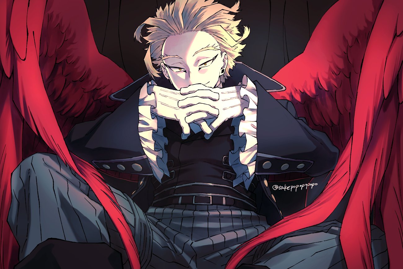 1boy alternate_costume belt blonde_hair boku_no_hero_academia elbow_rest european_clothes feathered_wings feet_out_of_frame fur-trimmed_sleeves fur_trim hawks_(boku_no_hero_academia) interlocked_fingers looking_at_viewer male_focus own_hands_together pants popo_take red_wings short_hair sitting smug solo spread_legs spread_wings striped striped_pants wings