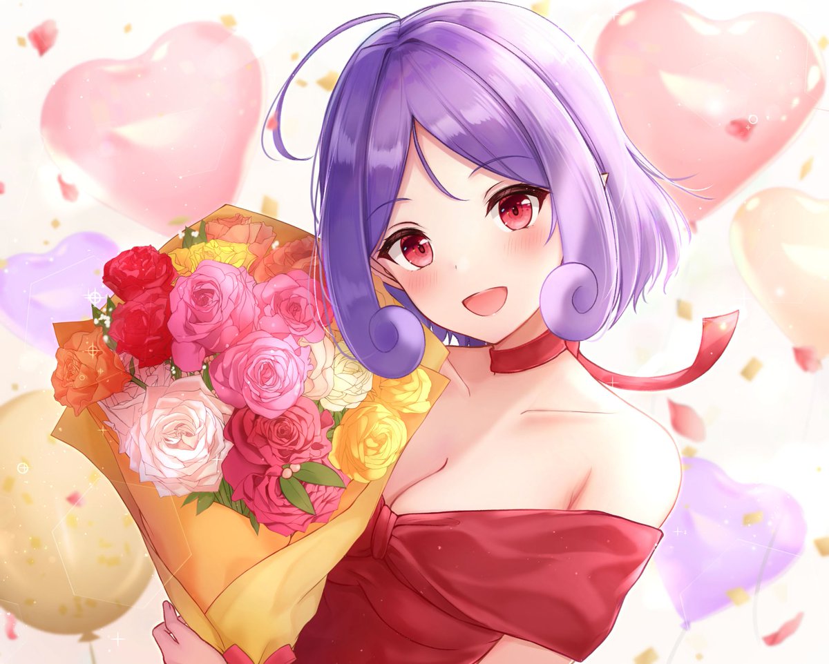1girl artist_name bangs breasts commentary english_commentary eyebrows_visible_through_hair holding hololive japanese_clothes large_breasts momo_mikaido navel open_mouth purple_hair red_eyes simple_background virtual_youtuber yukiunag1