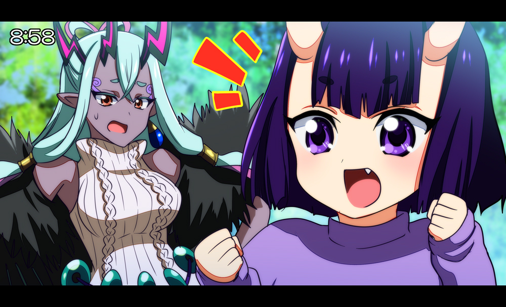 2girls anime_coloring aqua_hair aran_sweater bob_cut clock colored_skin dress eyeliner fake_screenshot fang fate/grand_order fate_(series) grey_skin honchu horns ibuki_douji_(fate) letterboxed long_hair magatama makeup multiple_girls multiple_horns oni oni_horns open_mouth purple_hair red_eyes ribbed_dress short_eyebrows short_hair shuten_douji_(fate) skin-covered_horns sleeveless sleeveless_sweater sleeveless_turtleneck smile sweater sweater_dress time_paradox turtleneck turtleneck_dress violet_eyes white_sweater