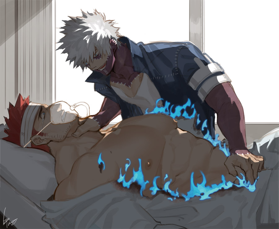 2boys abs asphyxiation bandages bare_pecs bed blue_fire boku_no_hero_academia burning burning_clothes choking dabi_(boku_no_hero_academia) evil_smile facial_hair fire gomtang hospital_bed large_pectorals male_focus mature_male multiple_boys muscular muscular_male nipples redhead scar scar_across_eye short_hair sideburns smile spiky_hair stubble tears todoroki_enji toned toned_male white_hair window