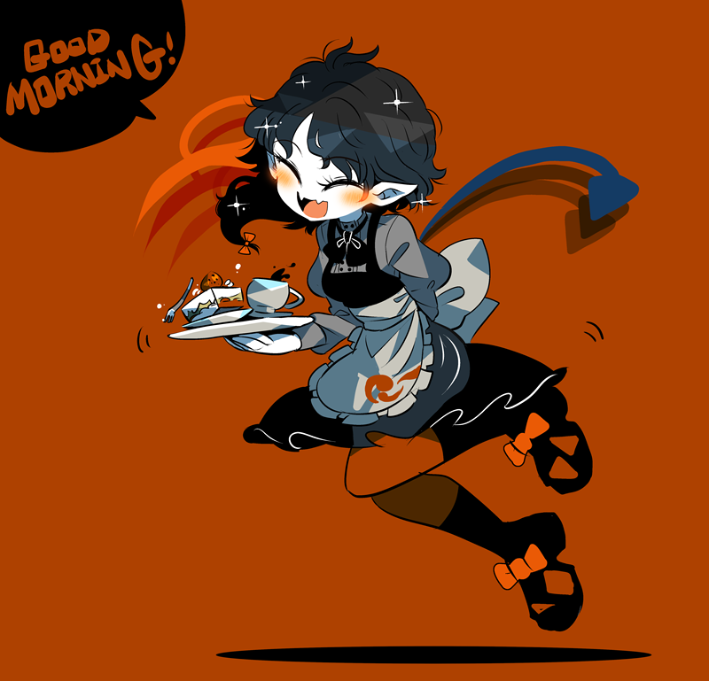 1girl adapted_costume alternate_costume apron arm_behind_back asymmetrical_hair asymmetrical_wings black_hair black_neckwear black_skirt blue_wings bow bowtie cake cake_slice closed_eyes cup english_text enmaided fangs food footwear_bow fork fruit full_body hair_bow holding holding_plate houjuu_nue juliet_sleeves long_hair long_sleeves maid open_mouth plate pointy_ears puffy_sleeves red_background red_bow red_wings see-through_silhouette simple_background skirt smile solo sparkle strawberry teacup tomoe_(symbol) touhou waist_apron wings yt_(wai-tei)