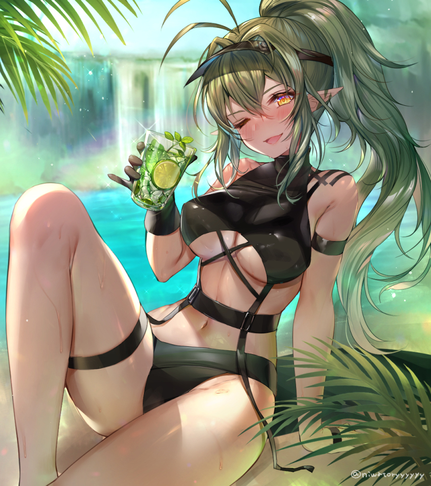 1girl ;d antenna_hair arknights arm_strap bangs bare_legs bare_shoulders black_gloves black_headwear black_swimsuit blush breasts crocodilian_tail cup day drink feet_out_of_frame gavial_(arknights) gloves green_hair head_tilt high_ponytail holding holding_cup knee_up large_breasts lime_slice long_hair looking_at_viewer navel niwatoryyyyyy official_alternate_costume one_eye_closed open_mouth outdoors pointy_ears rainbow sidelocks single_glove sitting smile solo sparkle stomach swimsuit tail thigh_strap twitter_username under_boob very_long_hair visor_cap water waterfall wet yellow_eyes