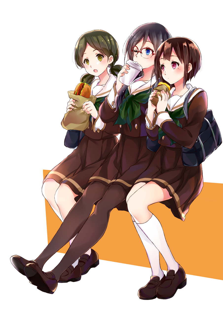 :o bag black_hair blue_eyes blush brown_footwear brown_hair brown_legwear brown_shirt brown_skirt closed_mouth cup drinking food glasses green_eyes green_neckwear hibike!_euphonium highres holding holding_cup holding_food kitauji_high_school_uniform komugiko loafers long_hair long_sleeves nakaseko_kaori ogasawara_haruka one_eye_closed open_mouth pantyhose pleated_skirt red-framed_eyewear red_eyes sailor_collar sandwich school_bag school_uniform serafuku shirt shoes short_hair simple_background sitting skirt socks tanaka_asuka twintails uniform white_background white_legwear white_sailor_collar