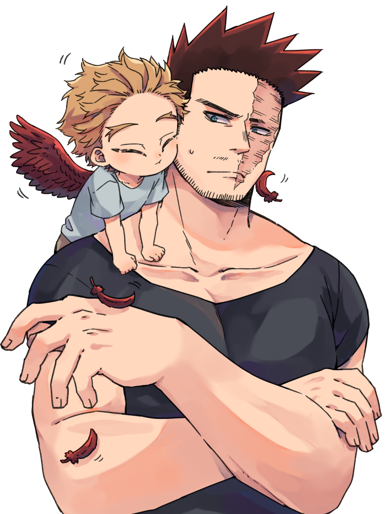 2boys :t black_shirt blonde_hair blue_eyes blue_shirt boku_no_hero_academia cheek-to-cheek child closed_eyes closed_mouth collarbone commentary_request crossed_arms facial_hair facial_mark feathered_wings feathers fingernails hawks_(boku_no_hero_academia) looking_at_another looking_to_the_side male_focus mature mature_male miso_(mimimiso) motion_lines multiple_boys muscular muscular_male nuzzle on_shoulder pectorals red_feathers red_wings redhead scar scar_across_eye scar_on_face shedding shirt short_hair sideways_glance simple_background spiky_hair stubble sweatdrop t-shirt todoroki_enji upper_body white_background wings younger