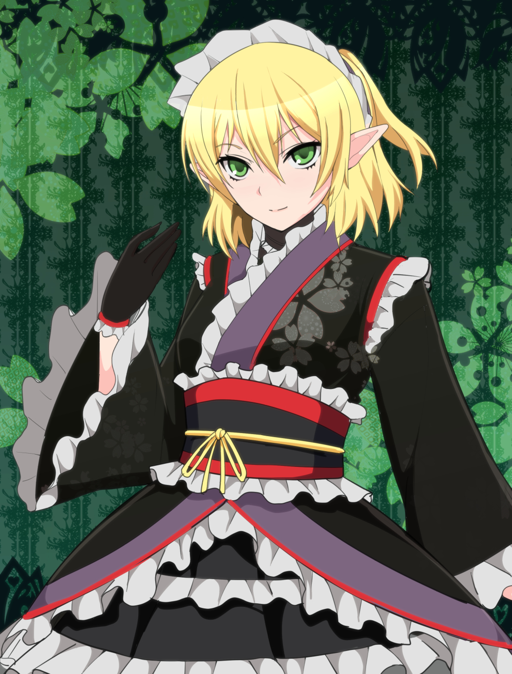 1girl alternate_costume bangs black_dress black_gloves black_kimono blonde_hair breasts closed_mouth commentary_request cowboy_shot dress eyebrows_visible_through_hair floral_background floral_print frilled_gloves frilled_kimono frills gloves green_background green_eyes hair_between_eyes highres japanese_clothes kimono looking_at_viewer maid_headdress medium_breasts medium_hair mizuhashi_parsee obi pointy_ears rishi_(ugati028) sash short_ponytail smile solo touhou wa_maid