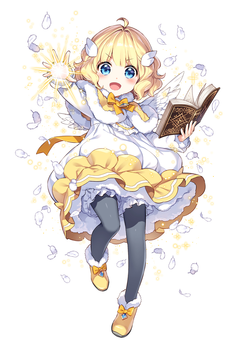 1girl book bow bowtie eyebrows_visible_through_hair feathered_wings feathers full_body fur_trim hair_ornament holding holding_book long_sleeves nardack open_mouth original pantyhose puffy_sleeves shoes short_eyebrows solo white_background wings