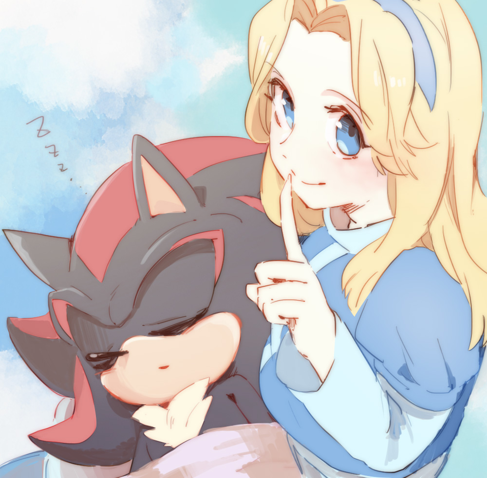 1boy 1girl animal_nose blonde_hair blue_eyes blue_hairband blue_shirt closed_mouth disconnected_mouth hairband index_finger_raised long_hair long_sleeves looking_at_viewer maria_robotnik msg01 shadow_the_hedgehog shirt sleeping smile sonic_(series) zzz