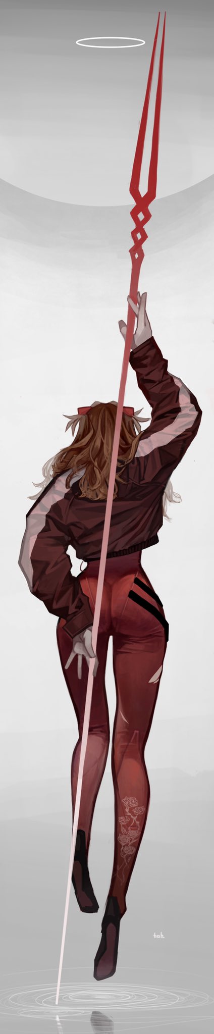 1girl arm_above_head ass brown_hair floral_print from_behind halo highres interface_headset jacket kgm lance_of_longinus long_hair long_image neon_genesis_evangelion plugsuit rebuild_of_evangelion ripples rose_print shikinami_asuka_langley solo souryuu_asuka_langley tall_image torn_clothes wrinkles