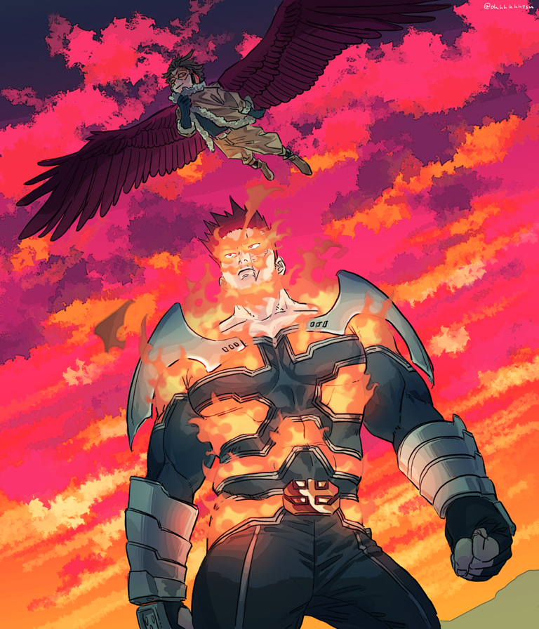 2boys armor blonde_hair blue_eyes boku_no_hero_academia couple covered_abs facial_hair feathered_wings fiery_hair fire flying hawks_(boku_no_hero_academia) large_pectorals looking_up male_focus mature_male multiple_boys muscular muscular_male ohhhhhhtsu pauldrons red_wings redhead scar scar_across_eye short_hair shoulder_armor sideburns spiky_hair spread_wings stubble sunset thick_thighs thighs todoroki_enji wings