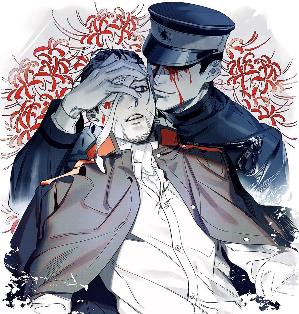 bandage_over_one_eye bandages black_eyes black_hair black_jacket blood blood_on_face closed_mouth collared_jacket covered_eyes facial_hair flower goatee golden_kamuy hanazawa_yusaku hand_on_another's_face hat imperial_japanese_army jacket jyun_xix looking_at_another military military_hat military_uniform ogata_hyakunosuke open_mouth red_flower scar scar_on_cheek scar_on_face shirt short_hair smile uniform upper_body white_background white_shirt