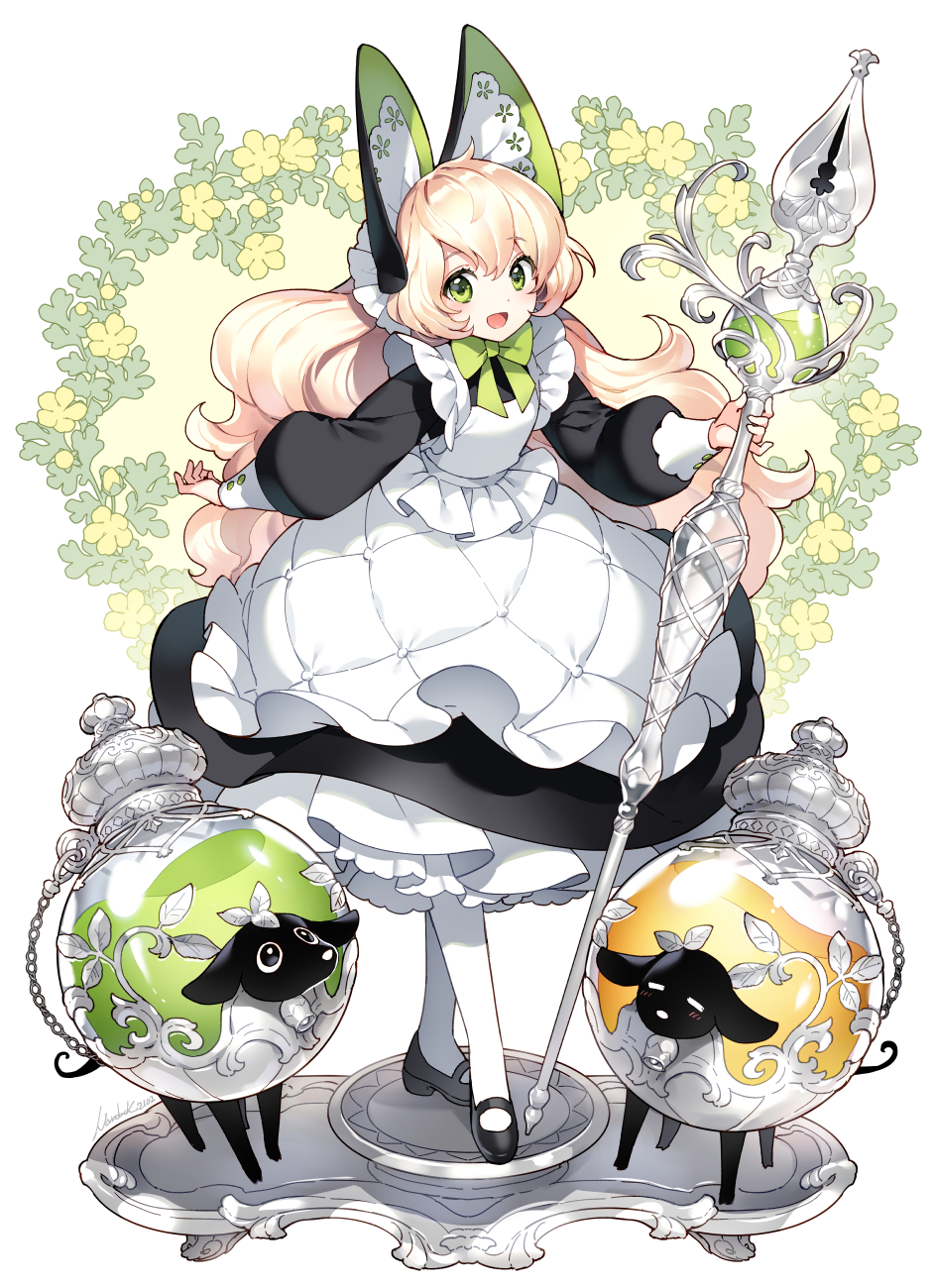 1girl bangs eyelashes flat_chest flower full_body green_eyes highres leaf long_hair long_sleeves nardack open_mouth original panties puffy_sleeves sheep shoes short_eyebrows solo staff underwear white_background