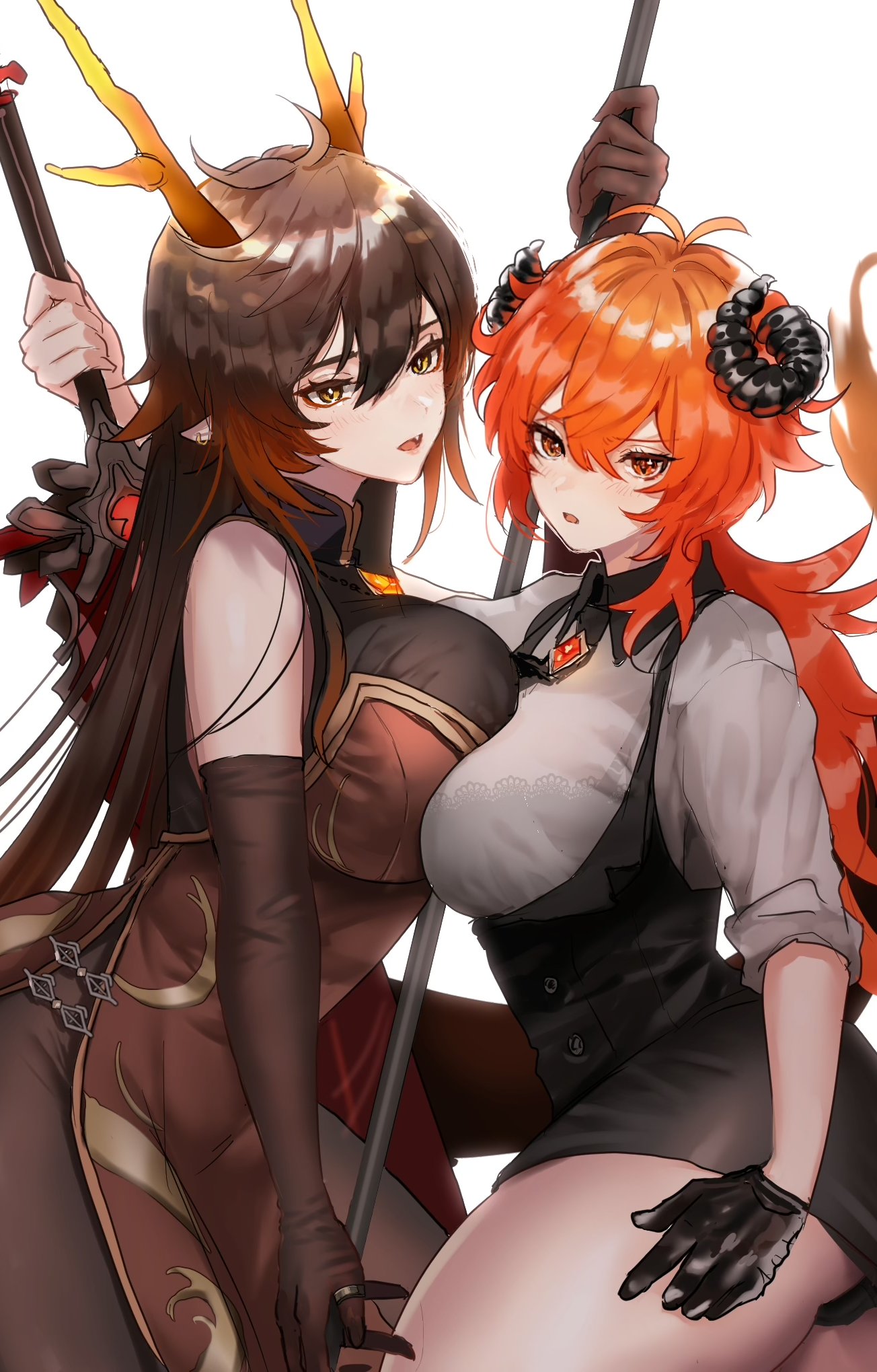 2girls antenna_hair arm_up asymmetrical_docking bangs black_hair breast_press breasts brown_hair detached_sleeves diluc_(genshin_impact) dragon_horns dress genderswap genderswap_(mtf) genshin_impact gloves gradient_hair hair_between_eyes highres holding holding_sword holding_weapon horns huge_breasts large_breasts long_hair multicolored_hair multiple_girls open_mouth polearm ponytail red_eyes redhead sidelocks simple_background sword weapon white_background yavalley yellow_eyes zhongli_(genshin_impact)