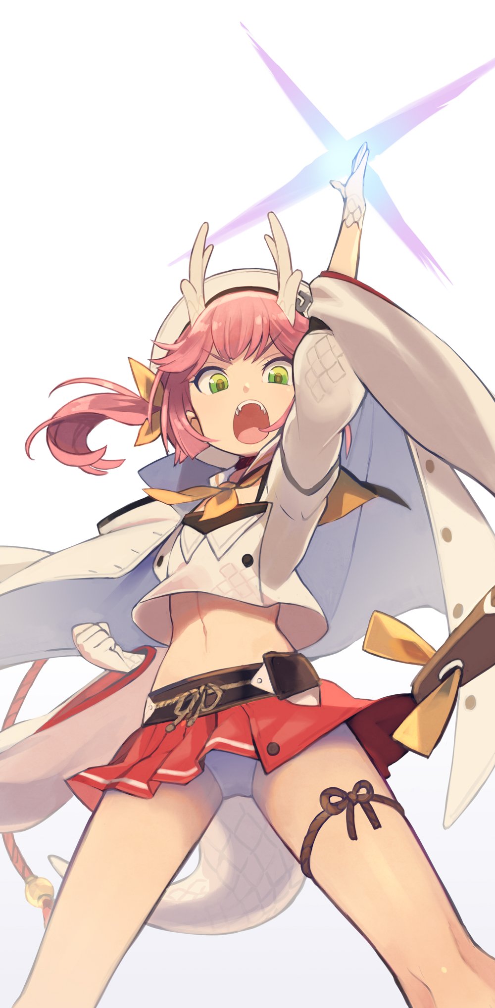 1girl arm_up azur_lane beret cape crop_top dragon_girl dragon_horns dragon_tail eyebrows_visible_through_hair fang gloves green_eyes hat highres horns kamen_rider kamen_rider_kabuto_(series) long_sleeves looking_at_viewer looking_down midriff mountain navel ocean open_mouth panties pantyshot parody pink_hair pointing pose ryuujou_(azur_lane) simple_background solo sun tail twintails underwear white_background yuko_(uc_yuk)