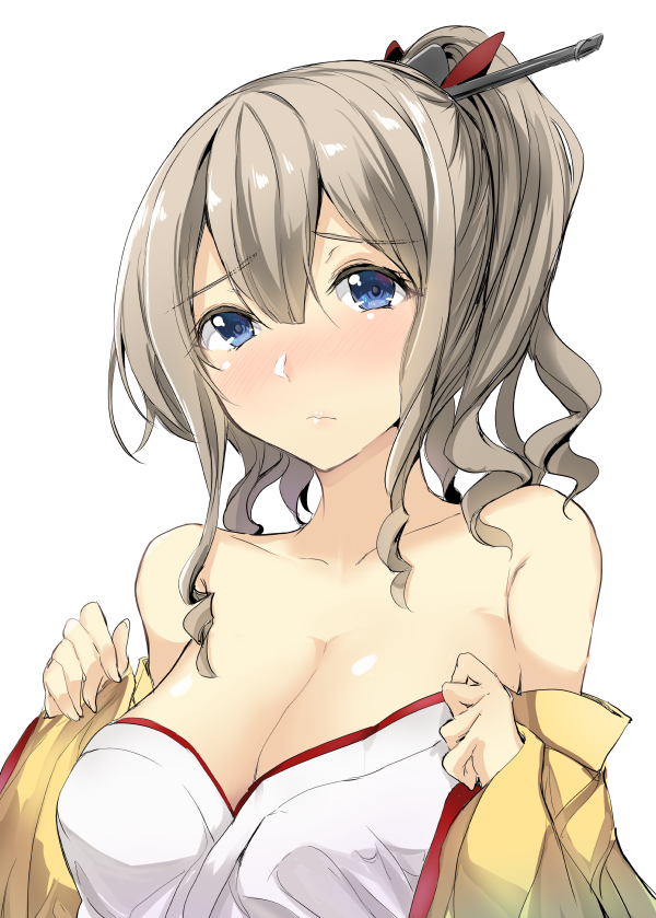1girl bare_shoulders blush breasts collarbone frown gin'ichi_(akacia) hatakaze_(kancolle) japanese_clothes kantai_collection large_breasts light_brown_hair medium_hair off_shoulder solo tied_hair