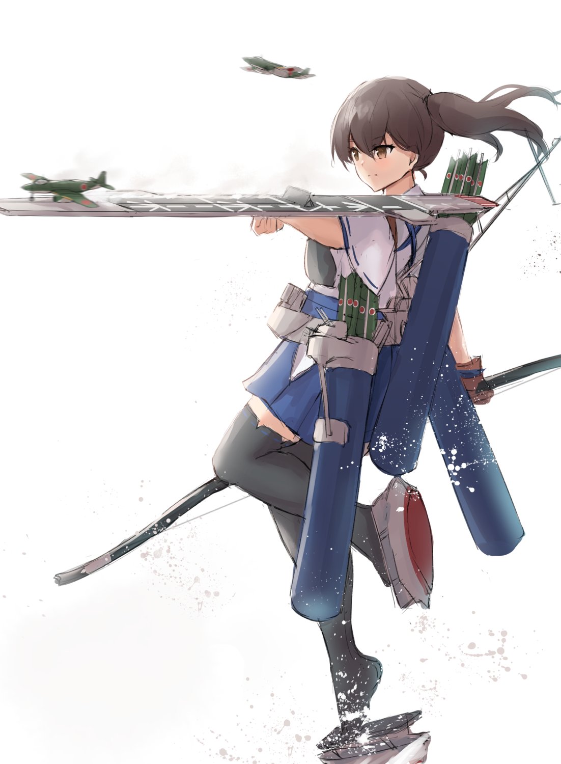 1girl aircraft arrow_(projectile) bangs black_legwear blue_hakama bow_(weapon) brown_eyes brown_gloves brown_hair closed_mouth flight_deck gloves hair_between_eyes hakama hakama_skirt highres holding holding_bow_(weapon) holding_weapon japanese_clothes k_jie kaga_(kancolle) kantai_collection leg_up muneate partially_fingerless_gloves ponytail quiver side_ponytail simple_background single_glove solo tassel thigh-highs weapon white_background yugake