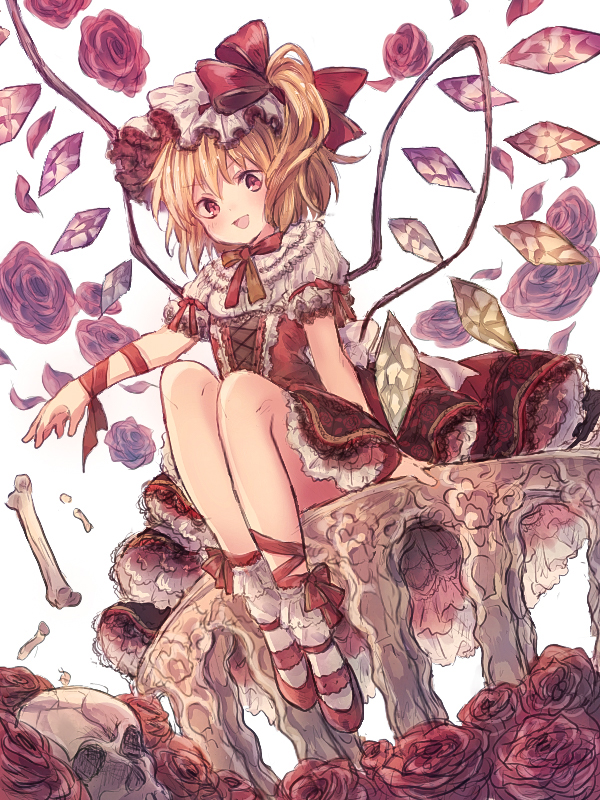1girl :d adapted_costume arm_support bangs blonde_hair bobby_socks bone bow bowtie commentary_request cross-laced_clothes crystal dress dutch_angle embellished_costume eyebrows_visible_through_hair falling_petals flandre_scarlet flat_chest floral_background flower from_below full_body hair_bow hat light_blush looking_at_viewer mary_janes memeo_(user_cxsu7473) mob_cap one_side_up open_mouth orange_bow orange_neckwear outstretched_arm petals petticoat pink_flower pink_rose puffy_short_sleeves puffy_sleeves red_bow red_dress red_eyes red_footwear red_neckwear red_ribbon ribbon rose shoes short_hair short_sleeves simple_background sitting skull smile socks solo table touhou two-tone_bow v-shaped_eyebrows white_background white_legwear wings